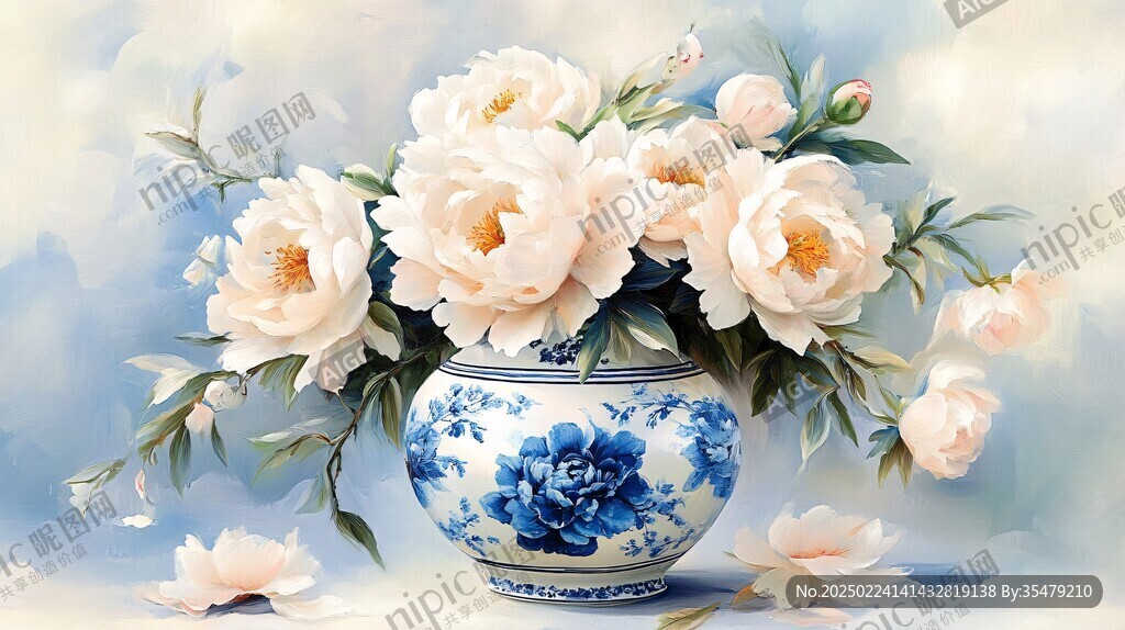 蓝色唯美牡丹装饰画