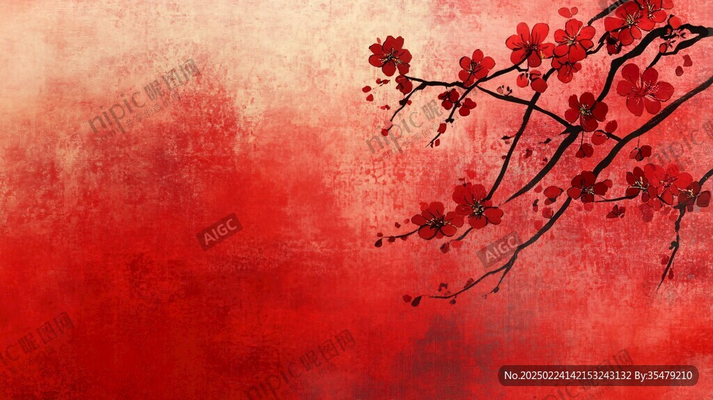 工笔手绘红墙梅花