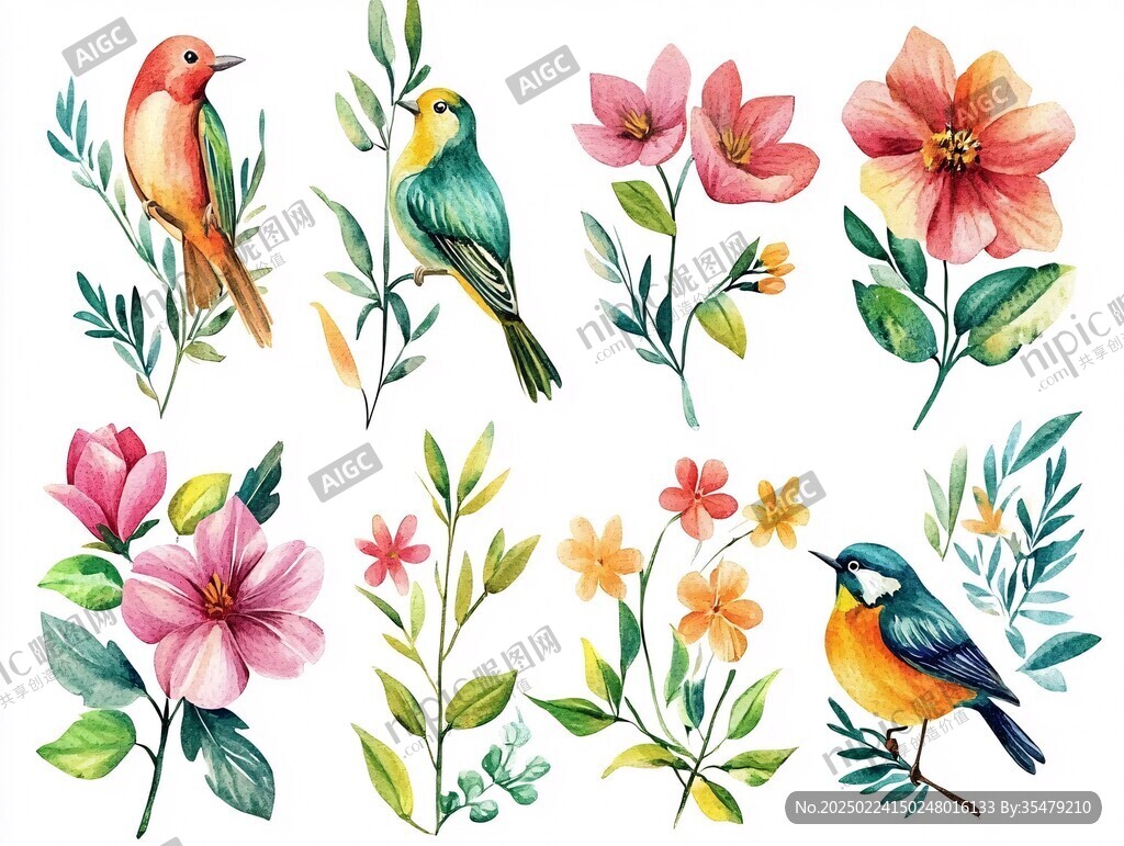 手绘鸟类花草插画