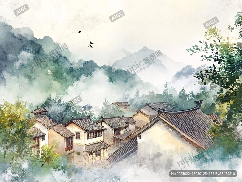 插画横店水彩水墨山水