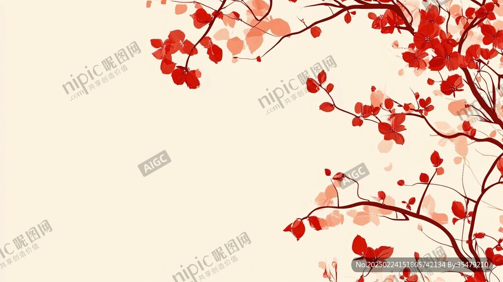 工笔手绘红墙梅花