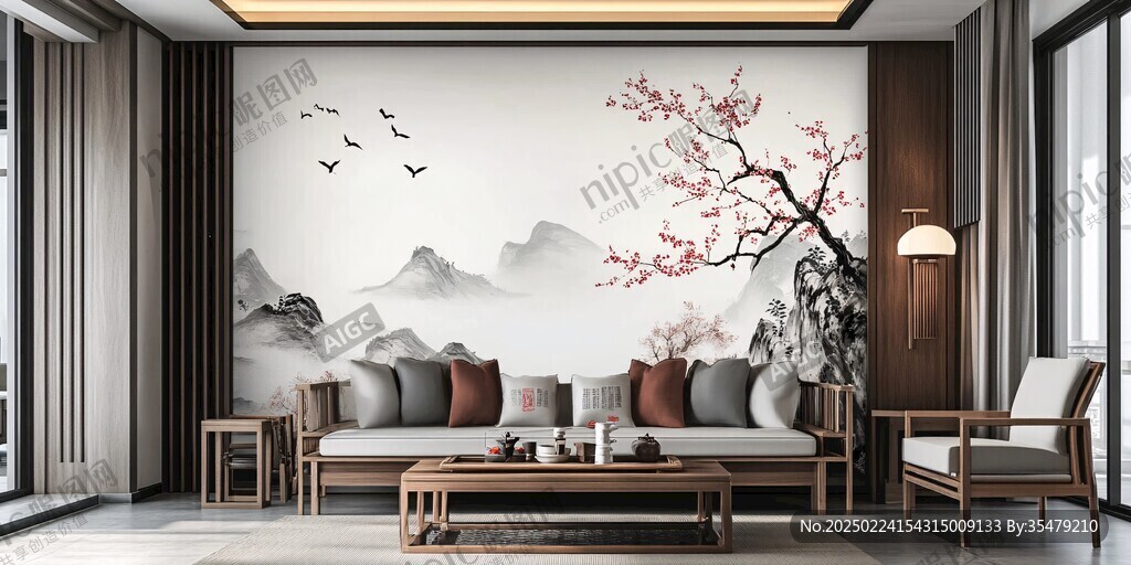 新中式墙布背景场景图