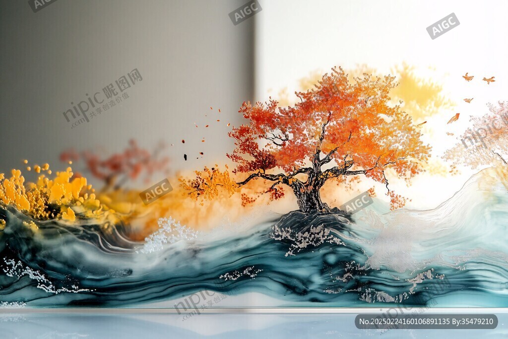 意境线条山水画发财树