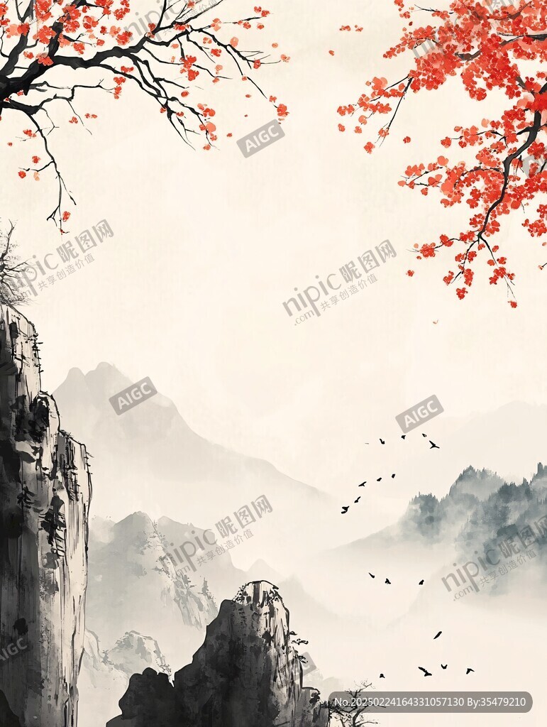 红叶古风山水画