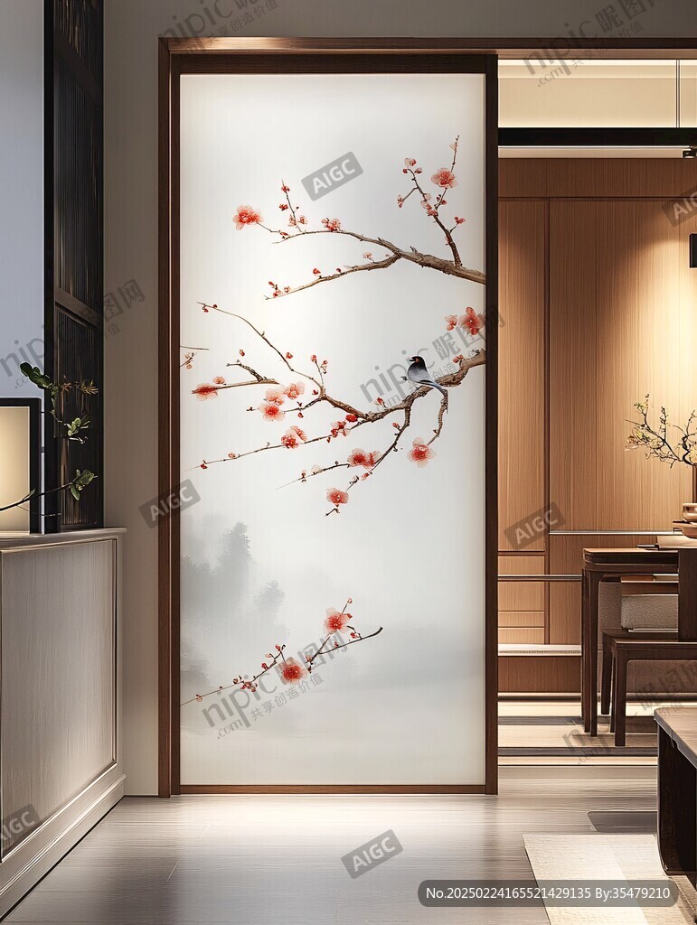 酒店客厅走廊梅花花鸟