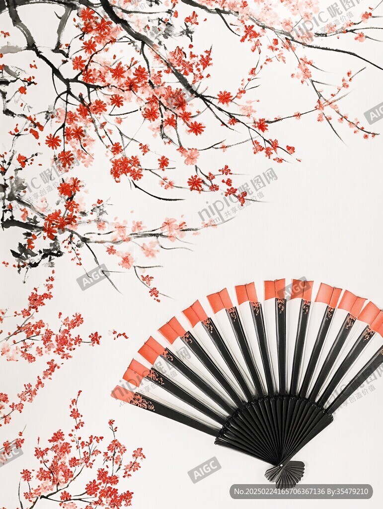折扇红墙梅花
