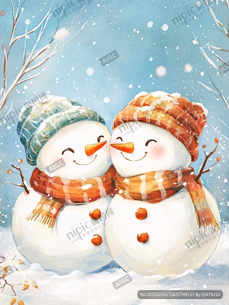 彩绘冬天里的雪人插画