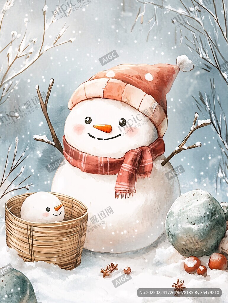 彩绘冬天里的雪人插画