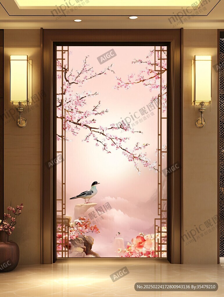 酒店客厅走廊梅花花鸟