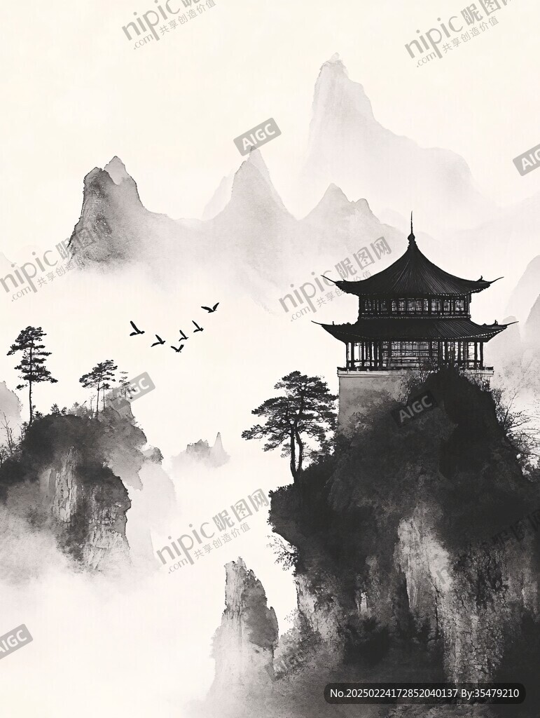 新中式楼阁山水