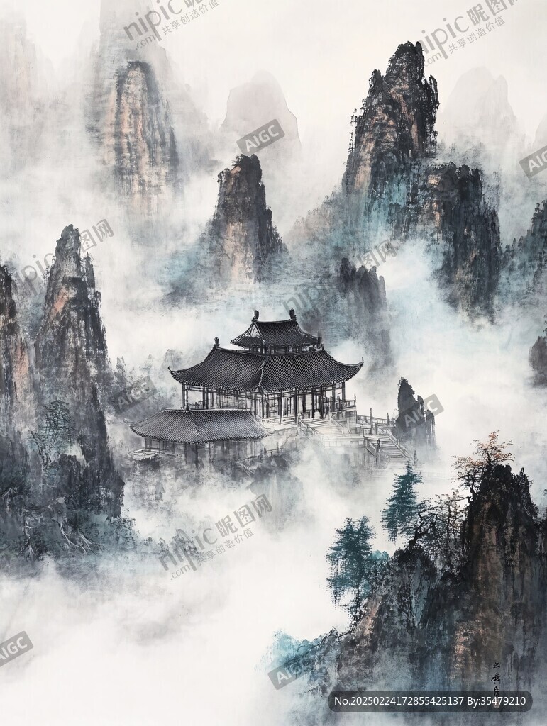 插画横店水彩水墨山水