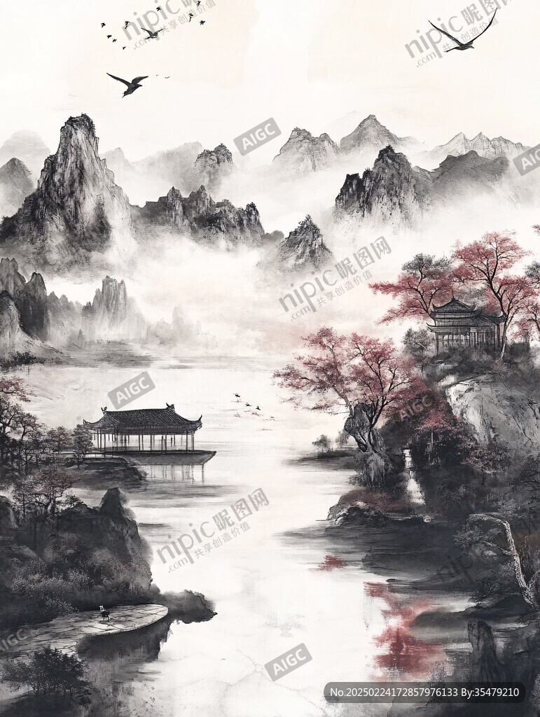 唯美古风山水插画