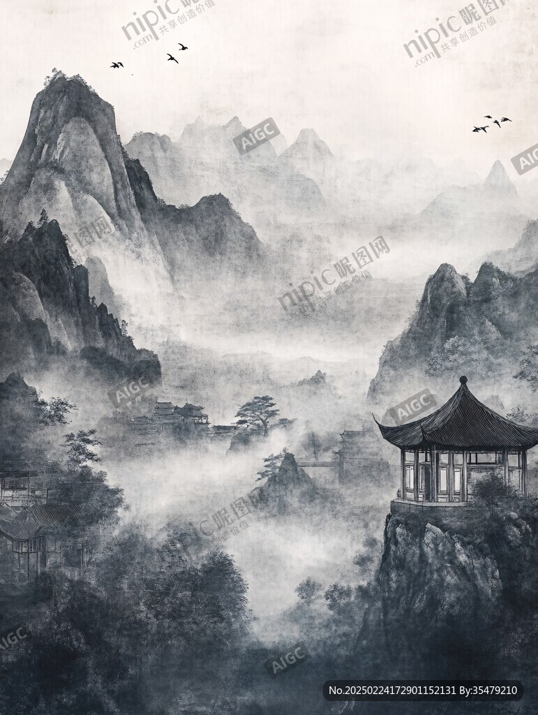 仙鹤楼阁古风山水画