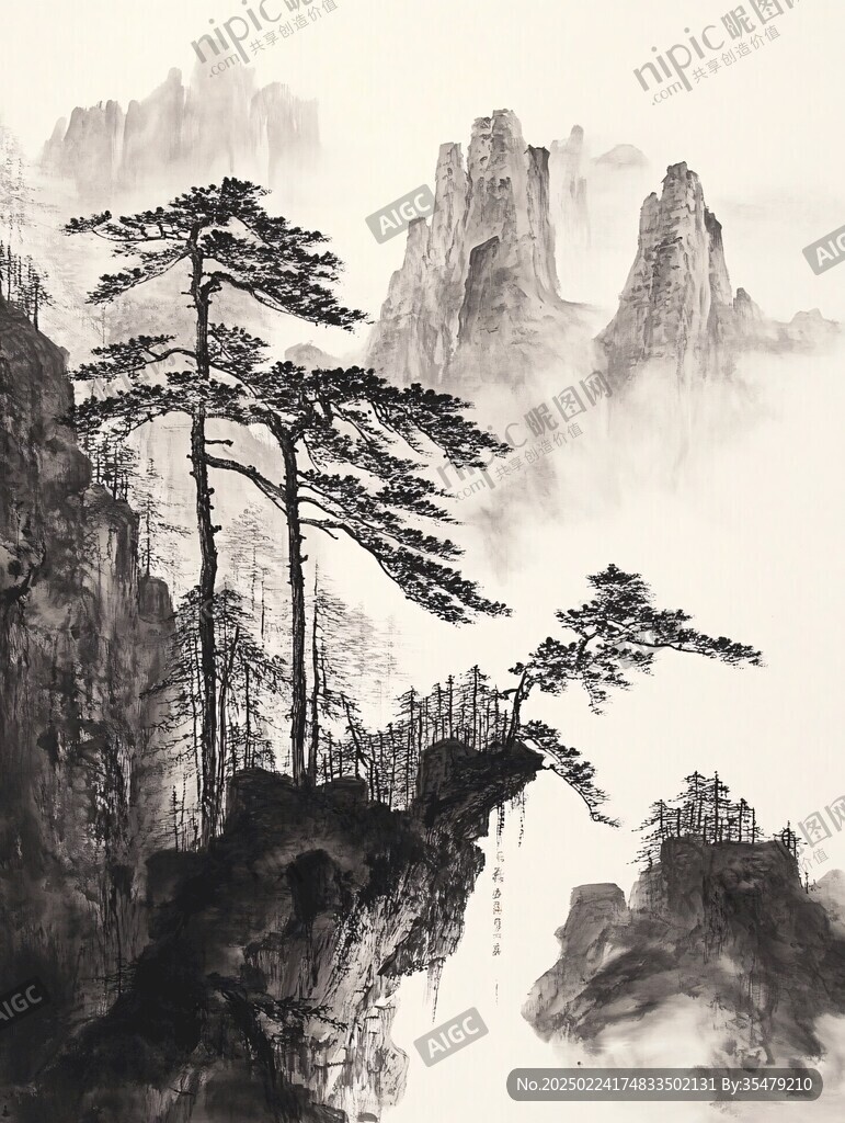 水墨迎客松远山