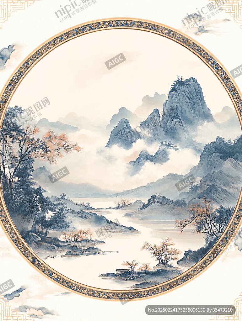 圆山水框画硬包背景