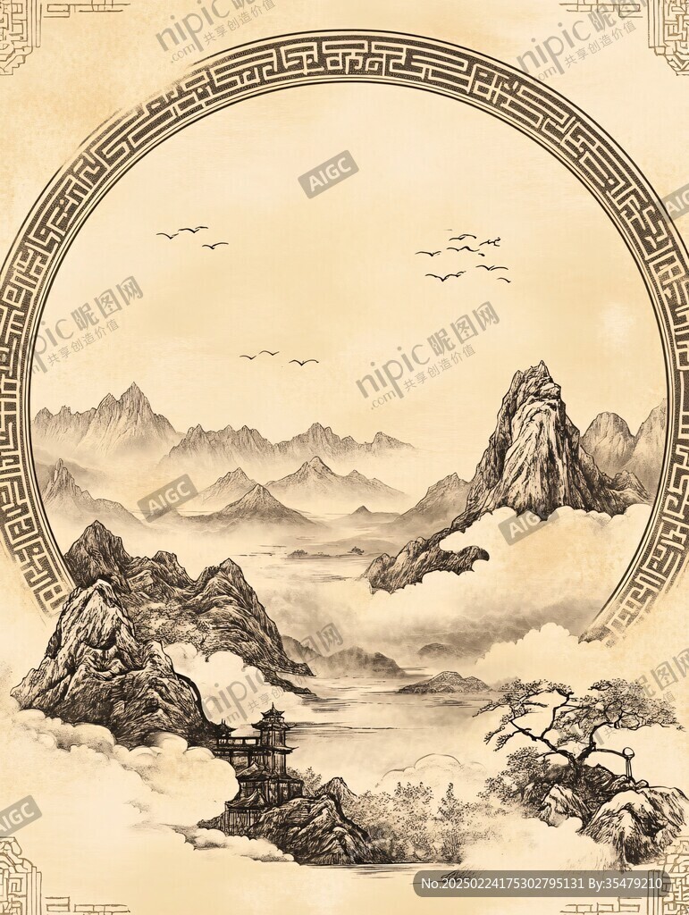 圆山水框画硬包背景