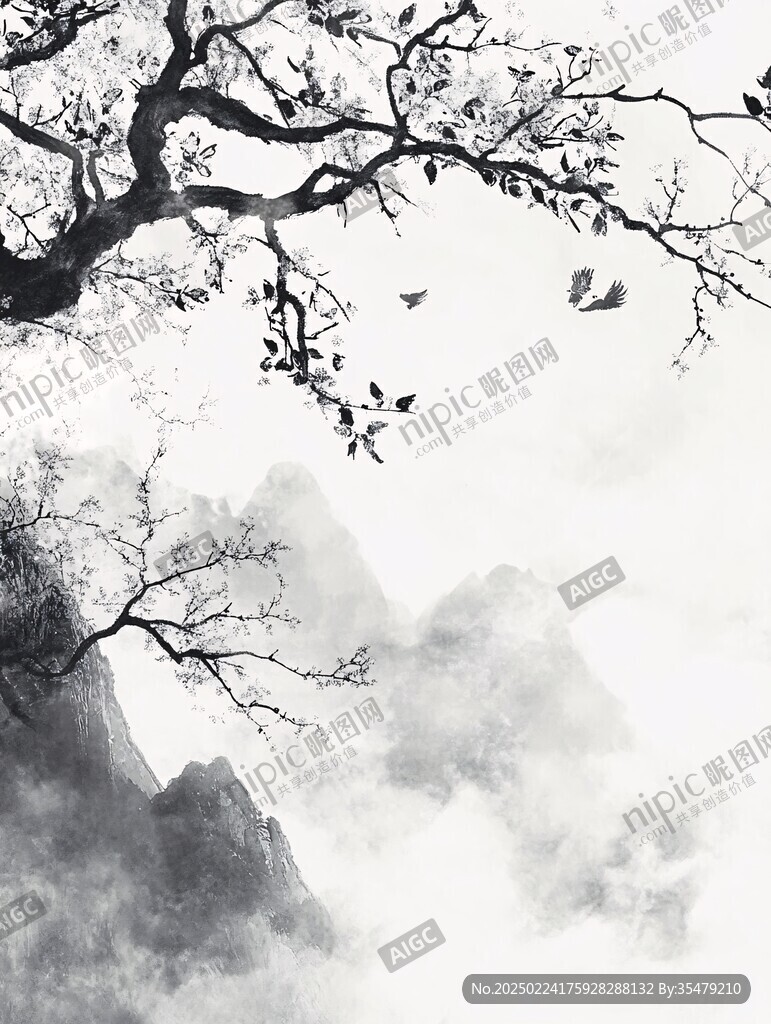 意境山景水墨树枝