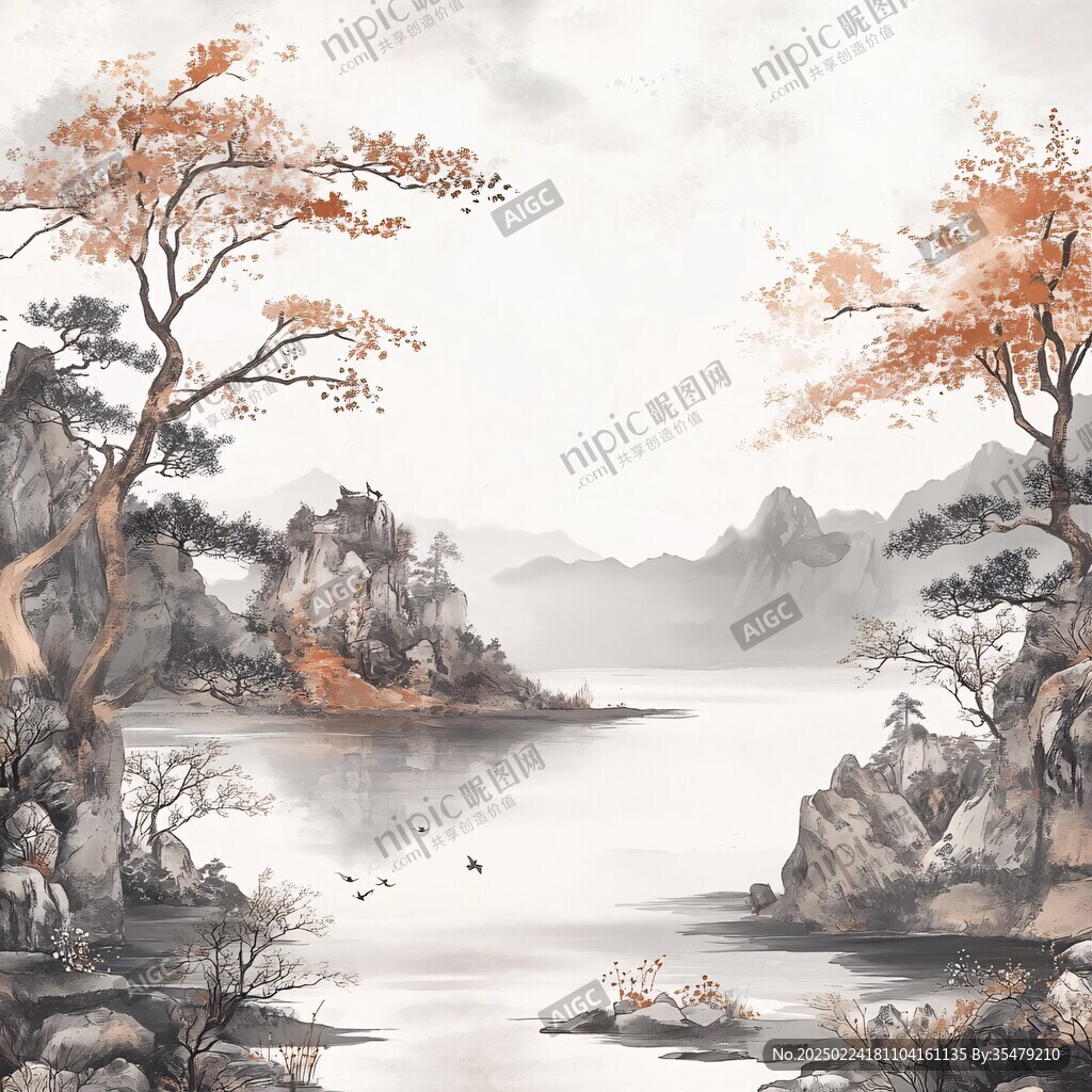 红叶古风山水画