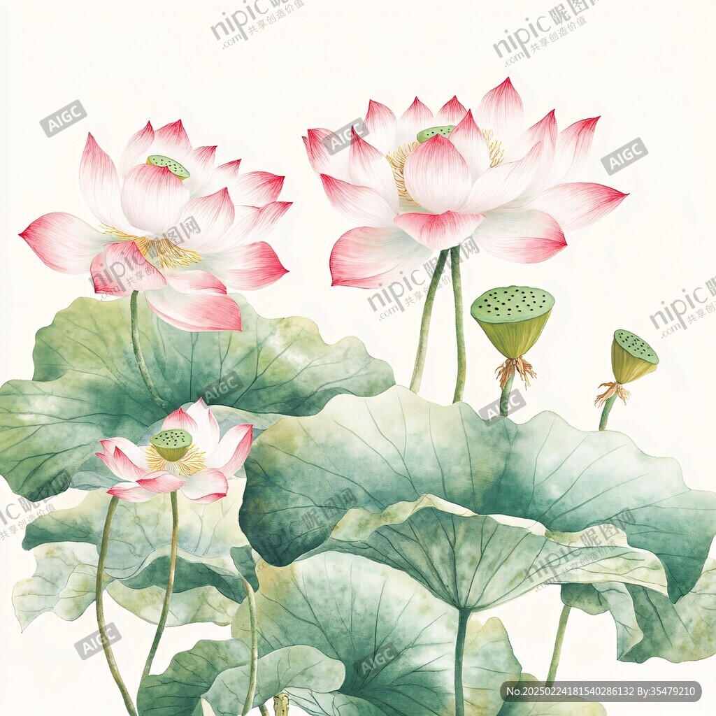 手绘工笔水彩荷花