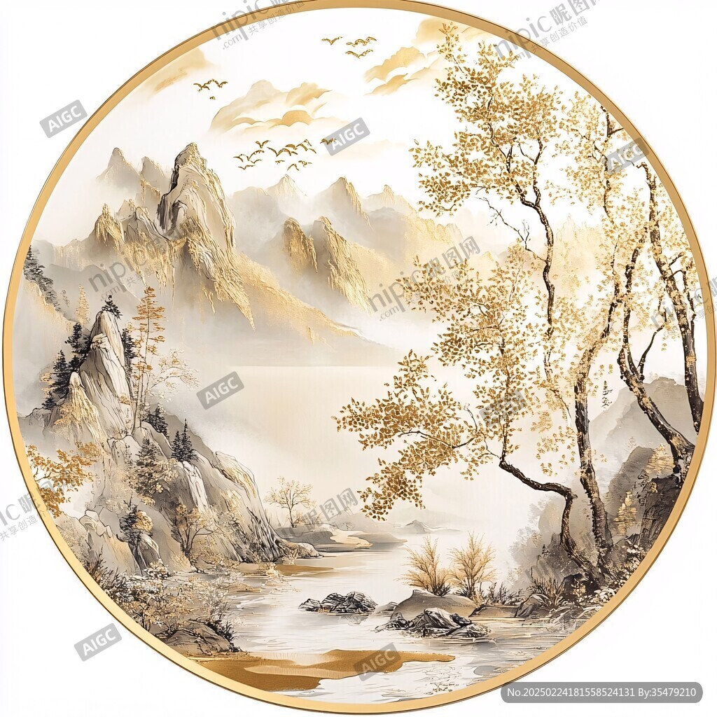 新中式山水圆形框画