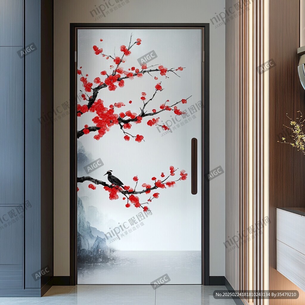 酒店客厅走廊梅花花鸟