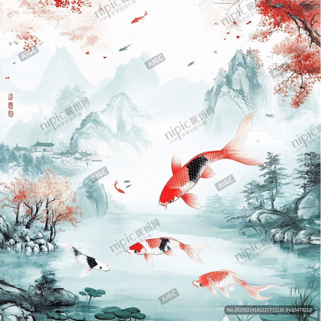 新中式山水鲤鱼