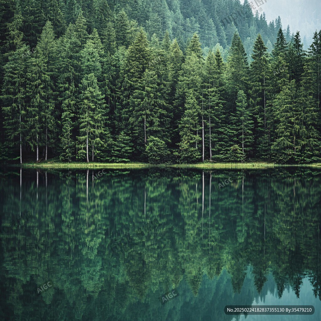 湖畔绿杉树