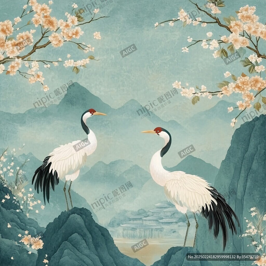 复古仙鹤聚宝盆山水