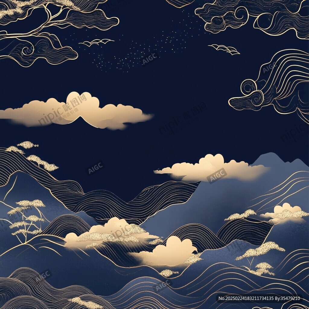 海浪仙鹤云纹中式背景