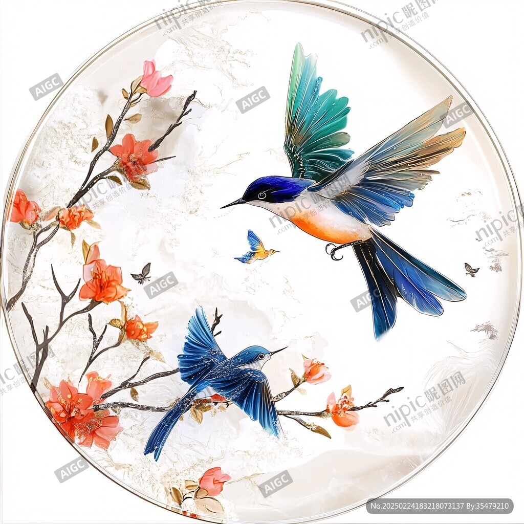 手绘花鸟圆形挂画