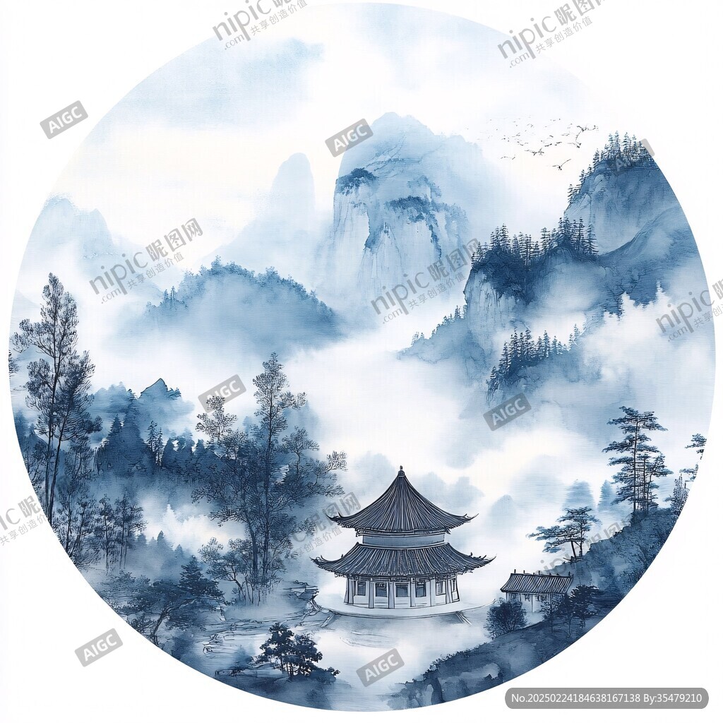 禅意山水圆形画