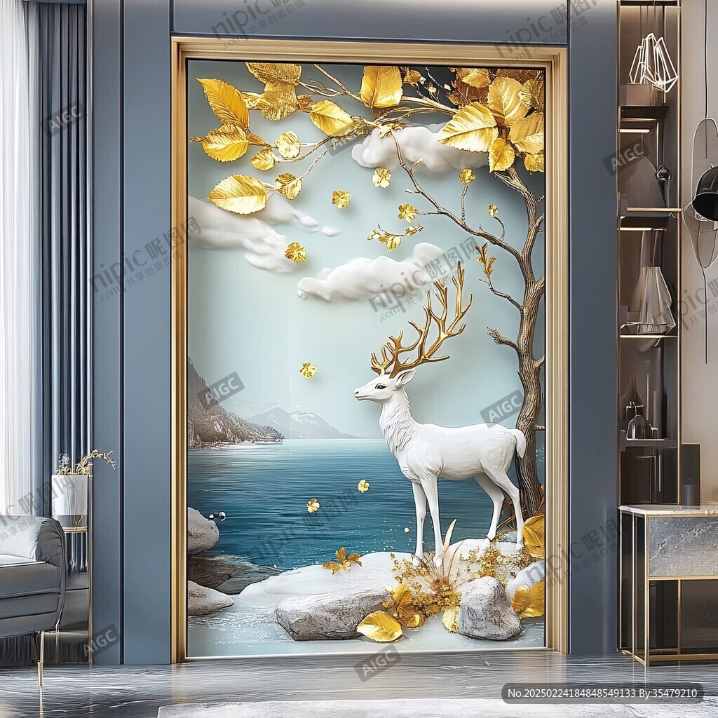 轻奢麋鹿珐琅彩浮雕画