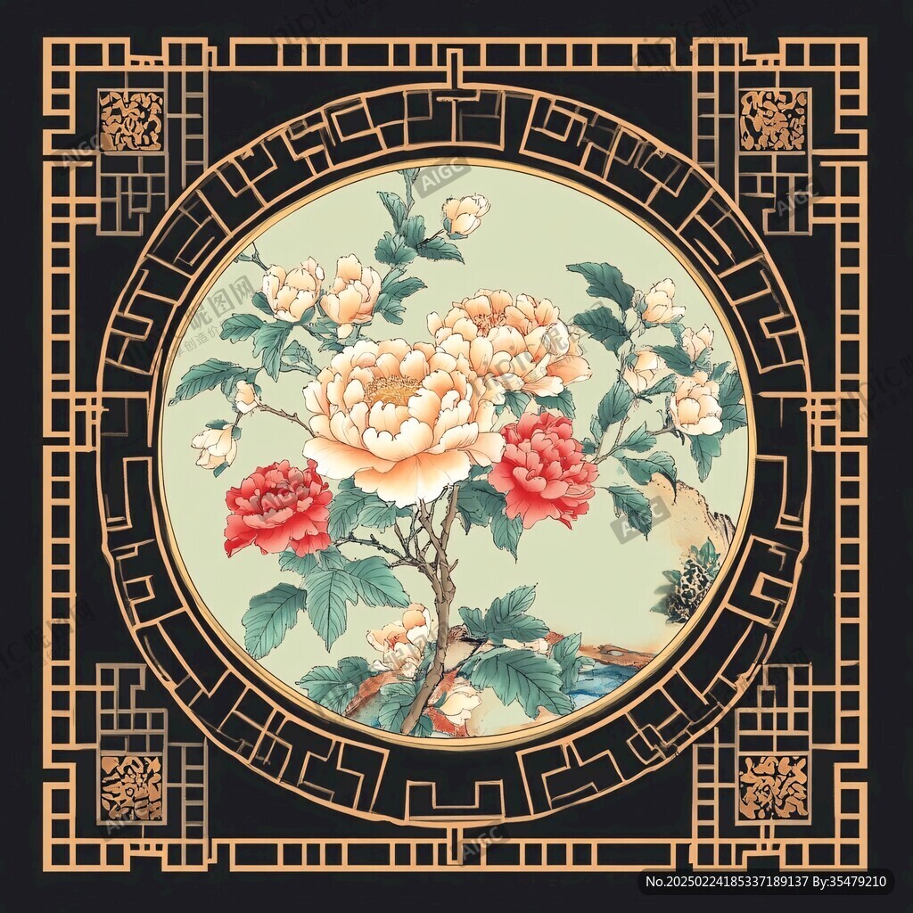 中式花窗插画