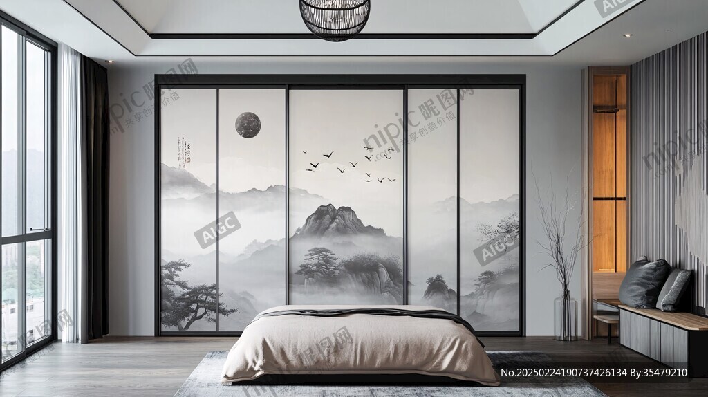隔断条屏床头画风水画
