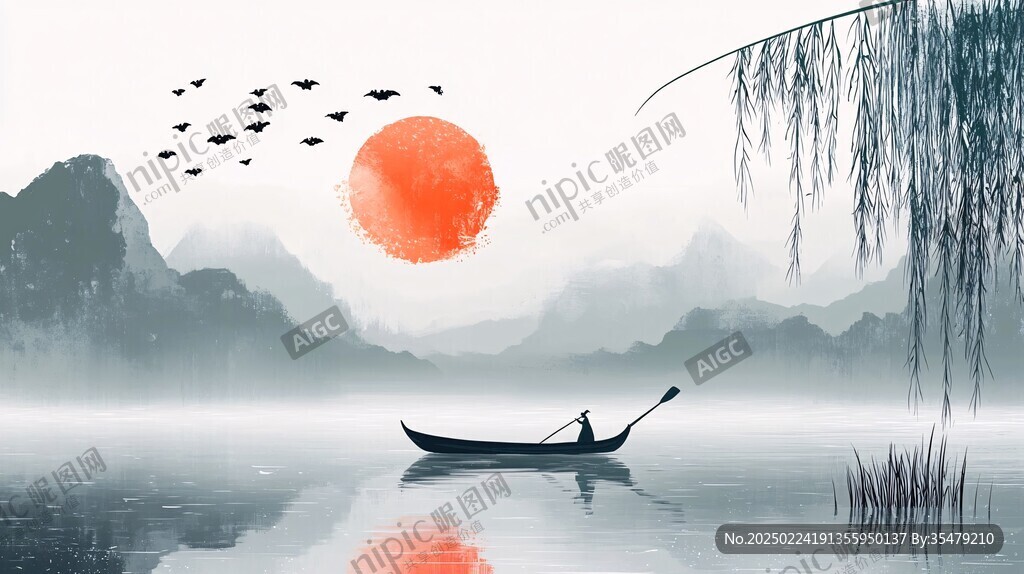 禅意芦苇山水画