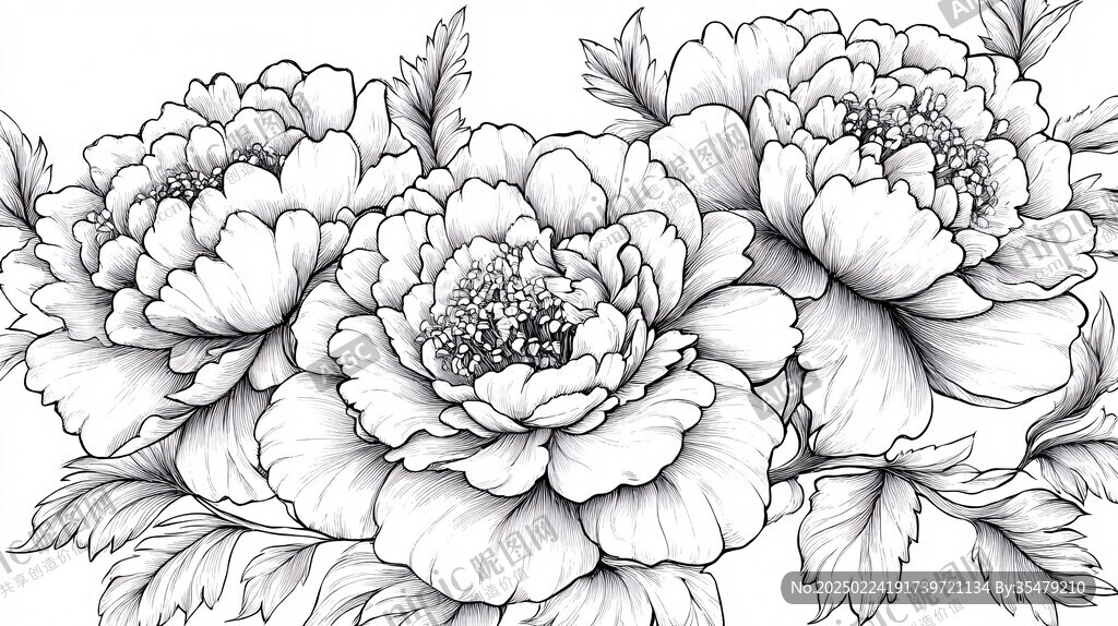 线描牡丹花