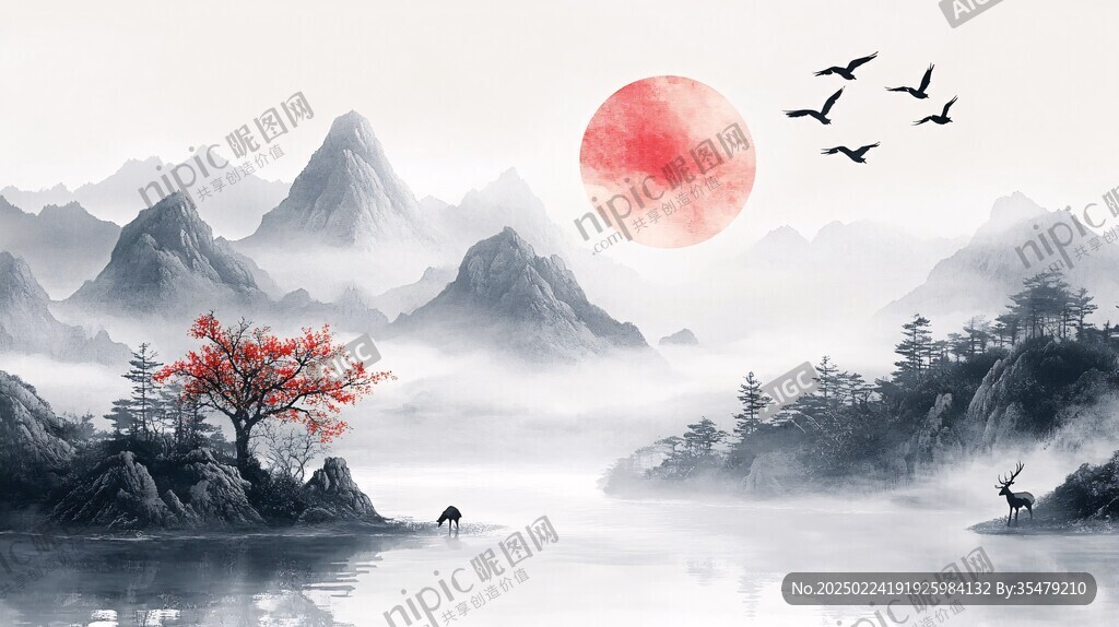 新中式水墨湖山秋月