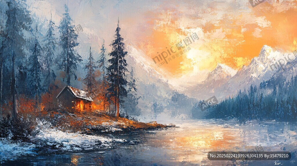 冬季雪景风景油画