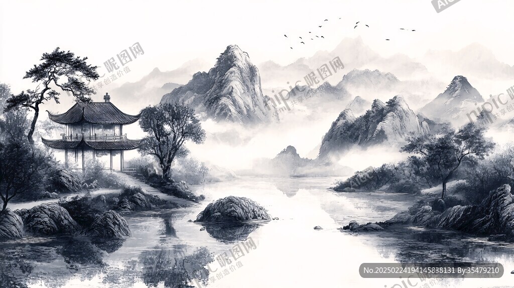 楼阁山水意境画