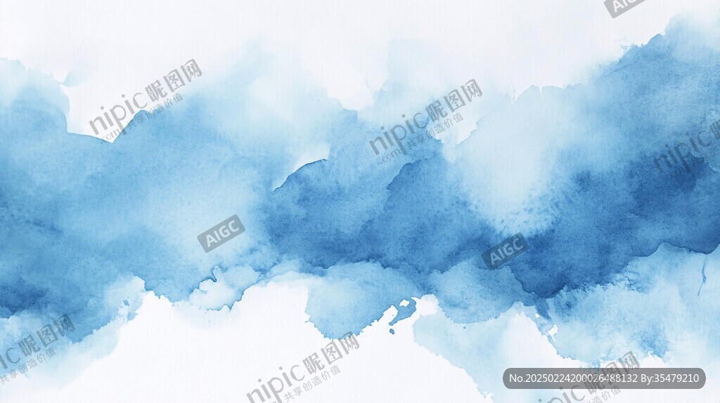 宽幅蓝色水墨画