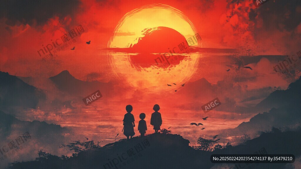 儿童看夕阳