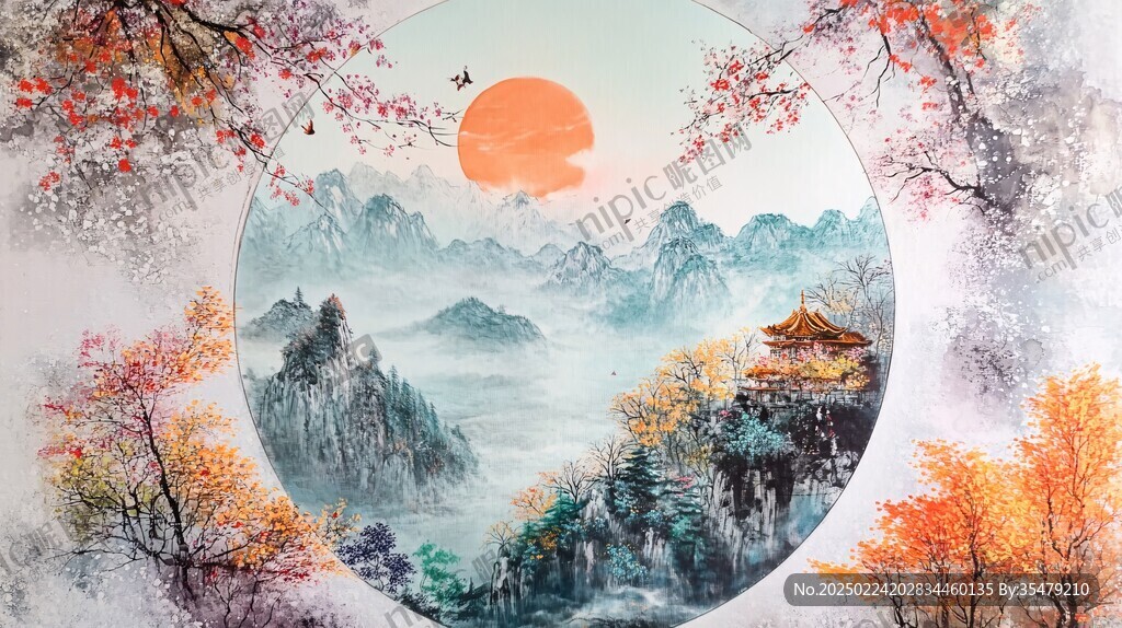 圆形山水装饰画背景