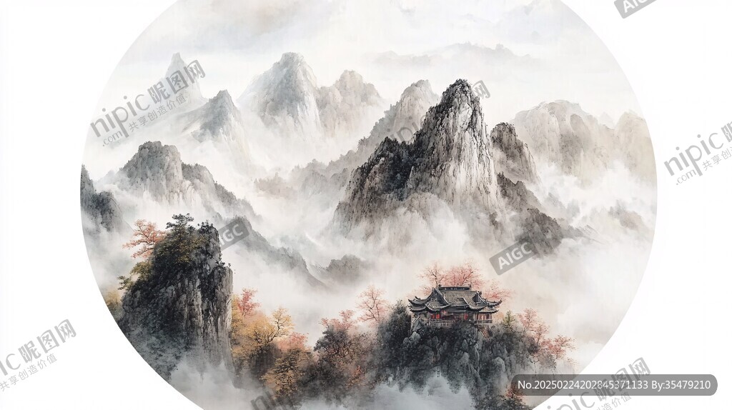 圆形山水墨画山水