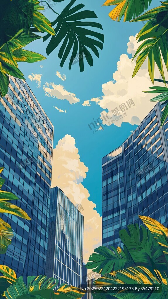 蓝天大楼绿树背景
