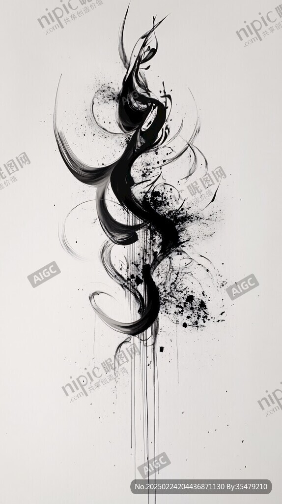 晕染墨迹禅境黑白画