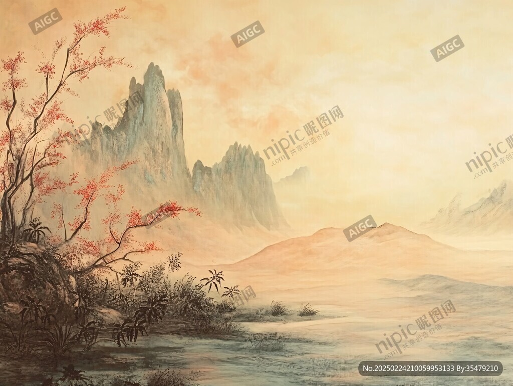 红叶古风山水画