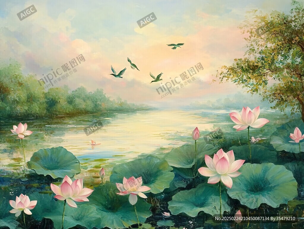 宁静荷花油画