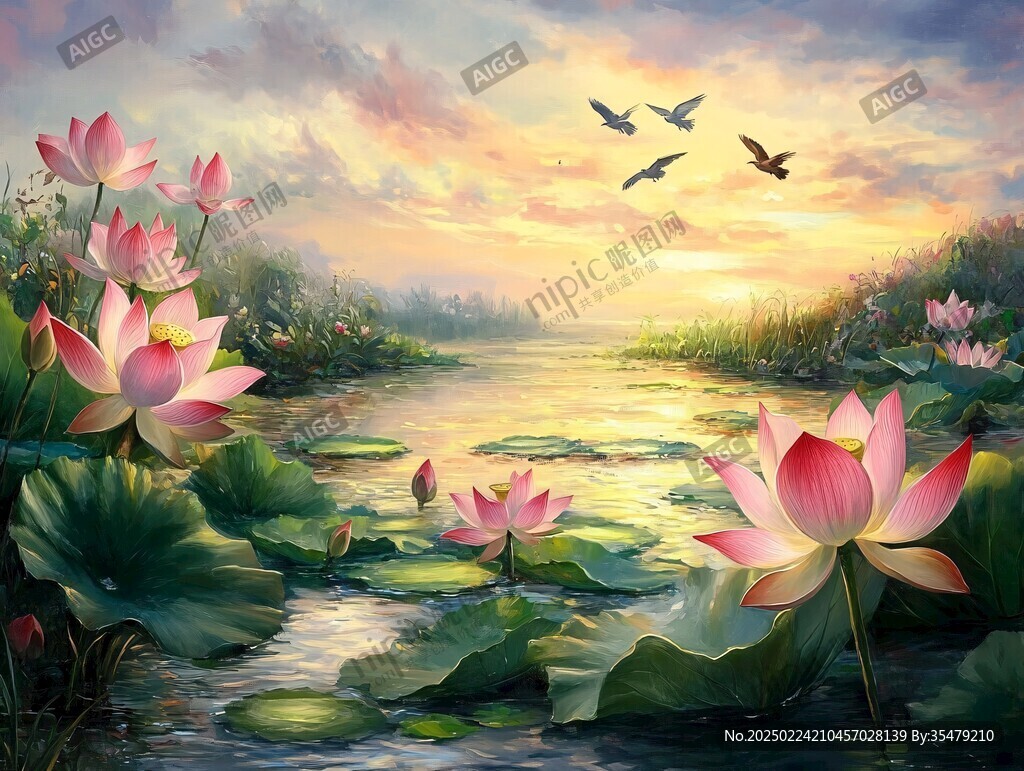 宁静荷花油画