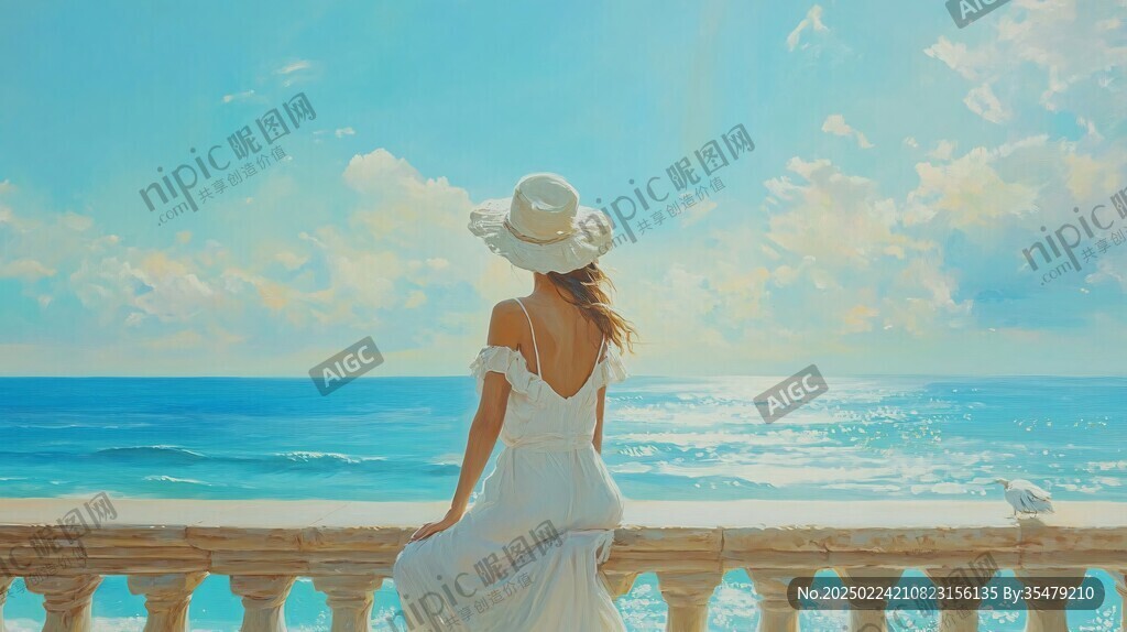 夏天看海美女背影插画