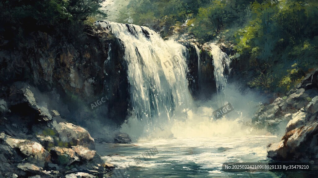 山水风景油画瀑布